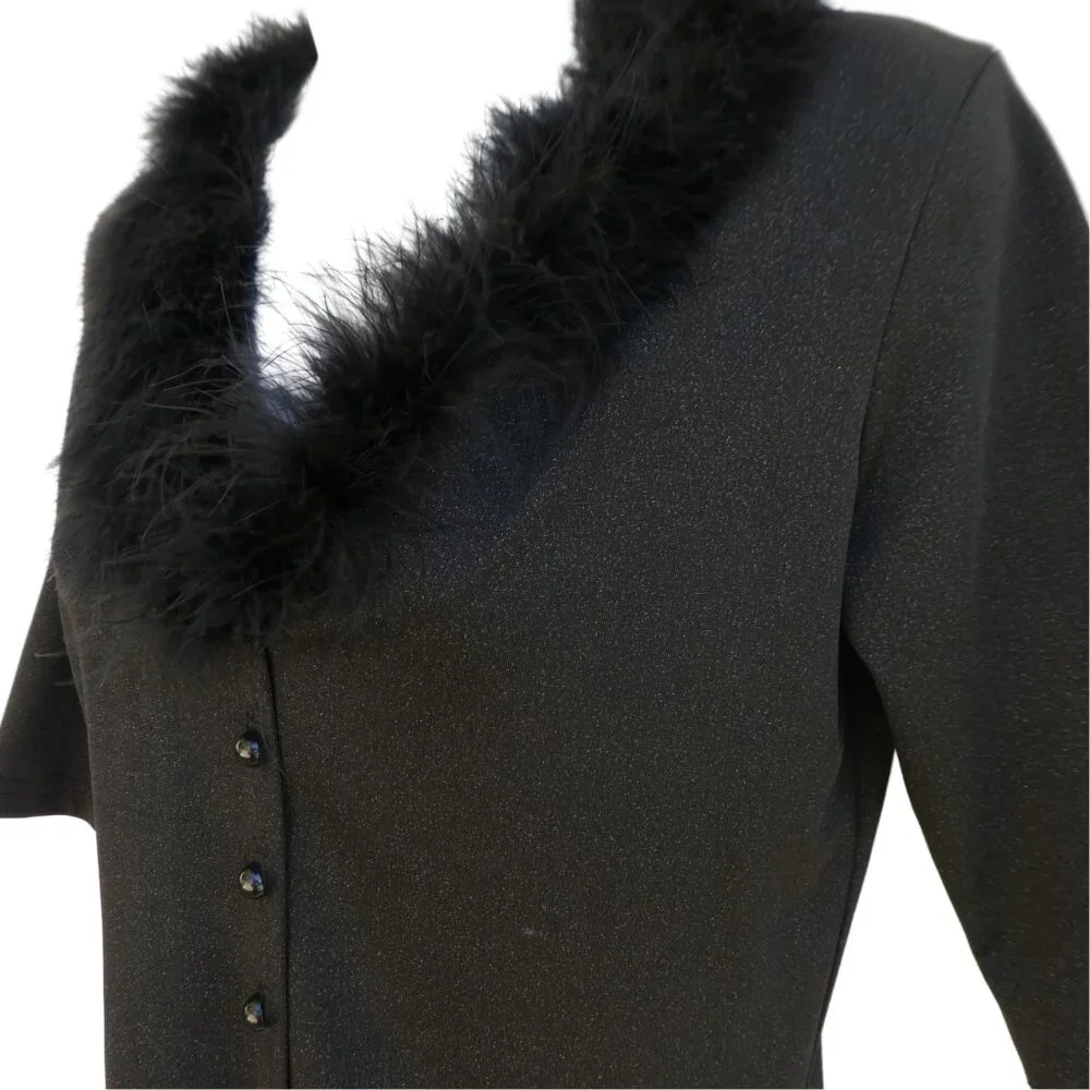 Vintage Via 101 Charcoal Cardigan Feather Boa V-Neck Trim Metallic Stretch USA M